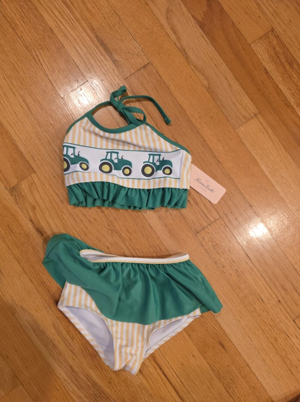 Marie Nicole Green & Yellow Striped Tractors Two-Piece Swimsuit - Picture 2 of 5